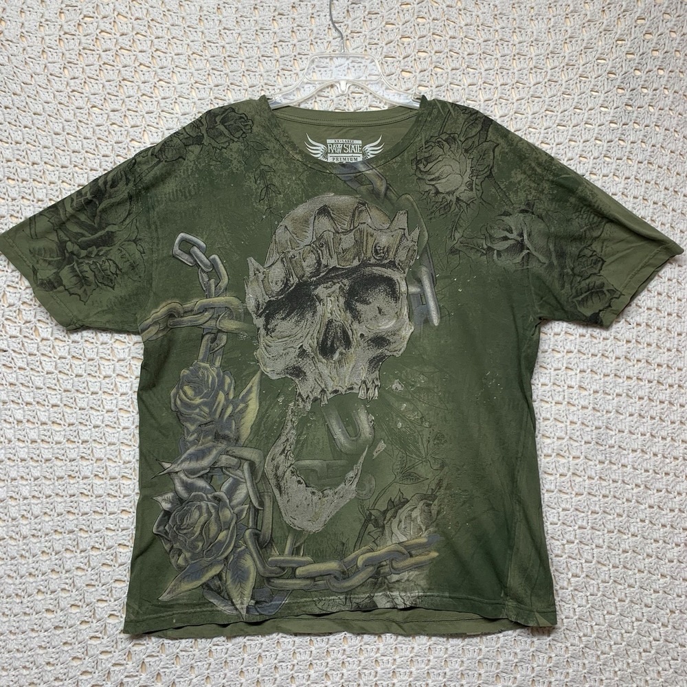 Raw State Affliction T-Shirt Olive Green Men 2XL Skull Crown‎ Flowers 100%Cotton - Picture 2 of 8